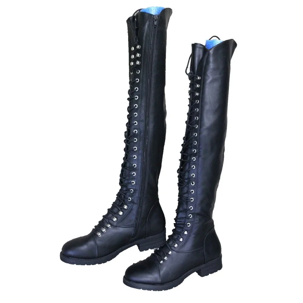 Black Thigh High Low Block Heel Boots Womens Size 7.5 Over the Knee Lace Up Tall